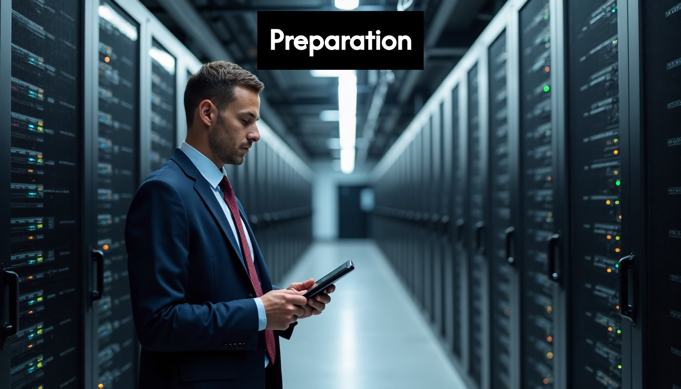 Professional inspects secure data center servers