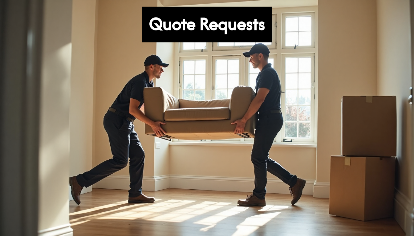 Professional movers carrying sofa and boxes in UK home