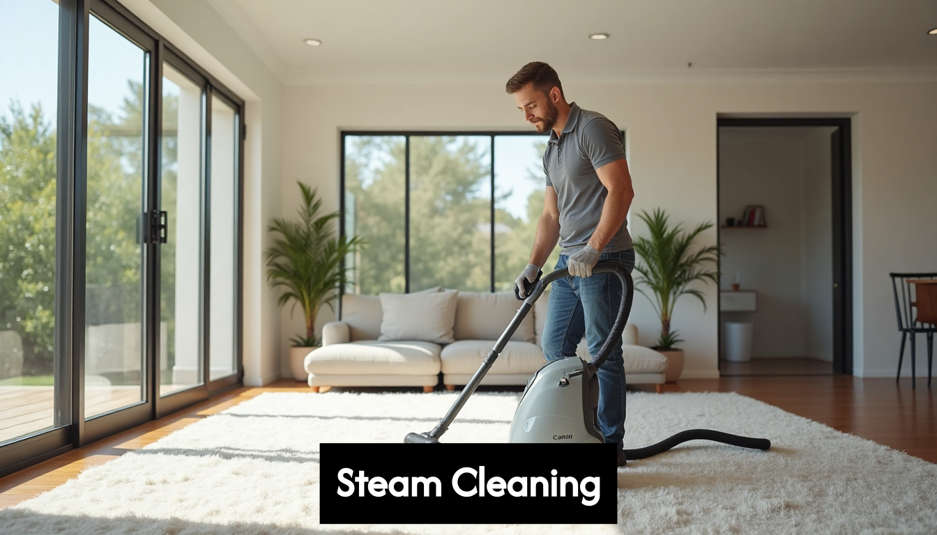 Professional steam cleaning a living room carpet