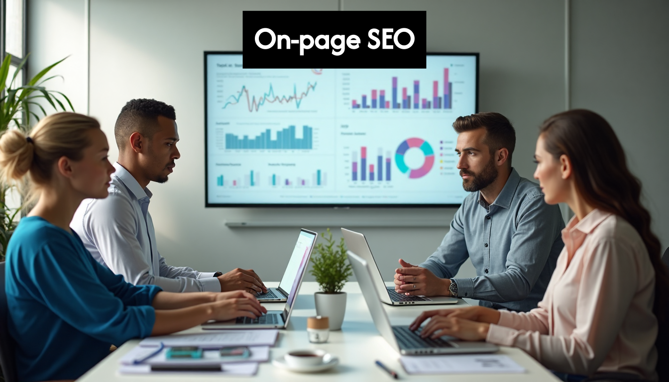 Professional team collaborating on SEO in office