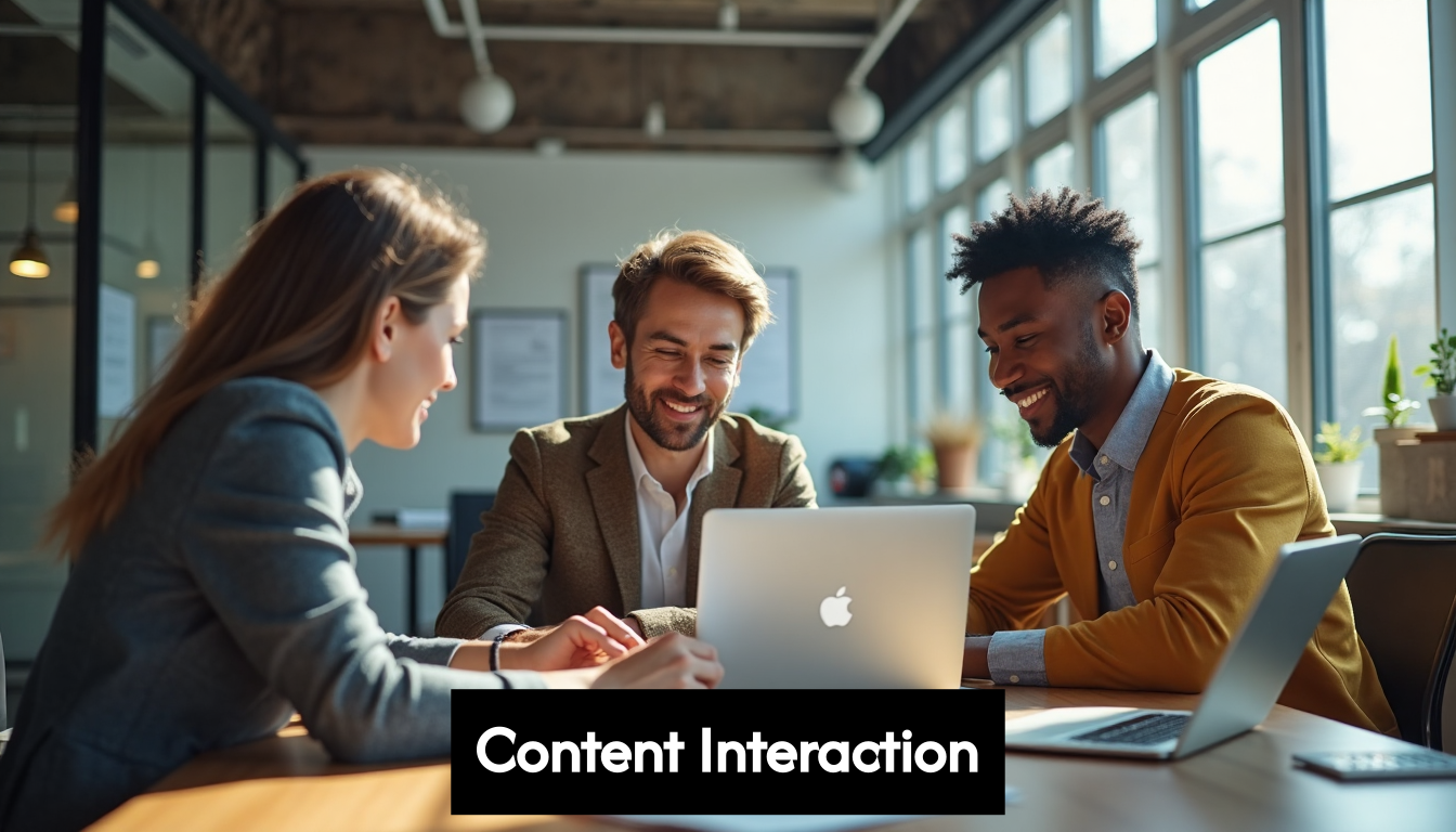 Professionals engaging with digital content in an office