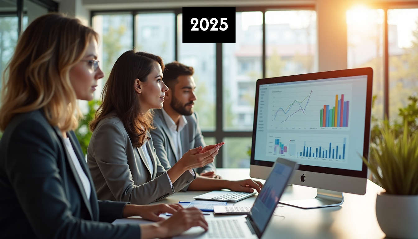 Professionals evaluating data on screens in an office.