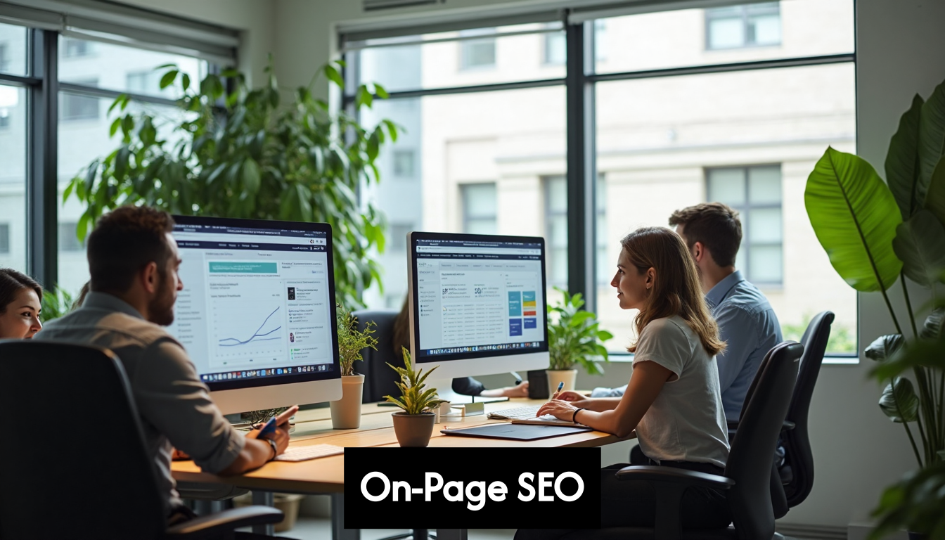 Professionals optimizing website content in modern office