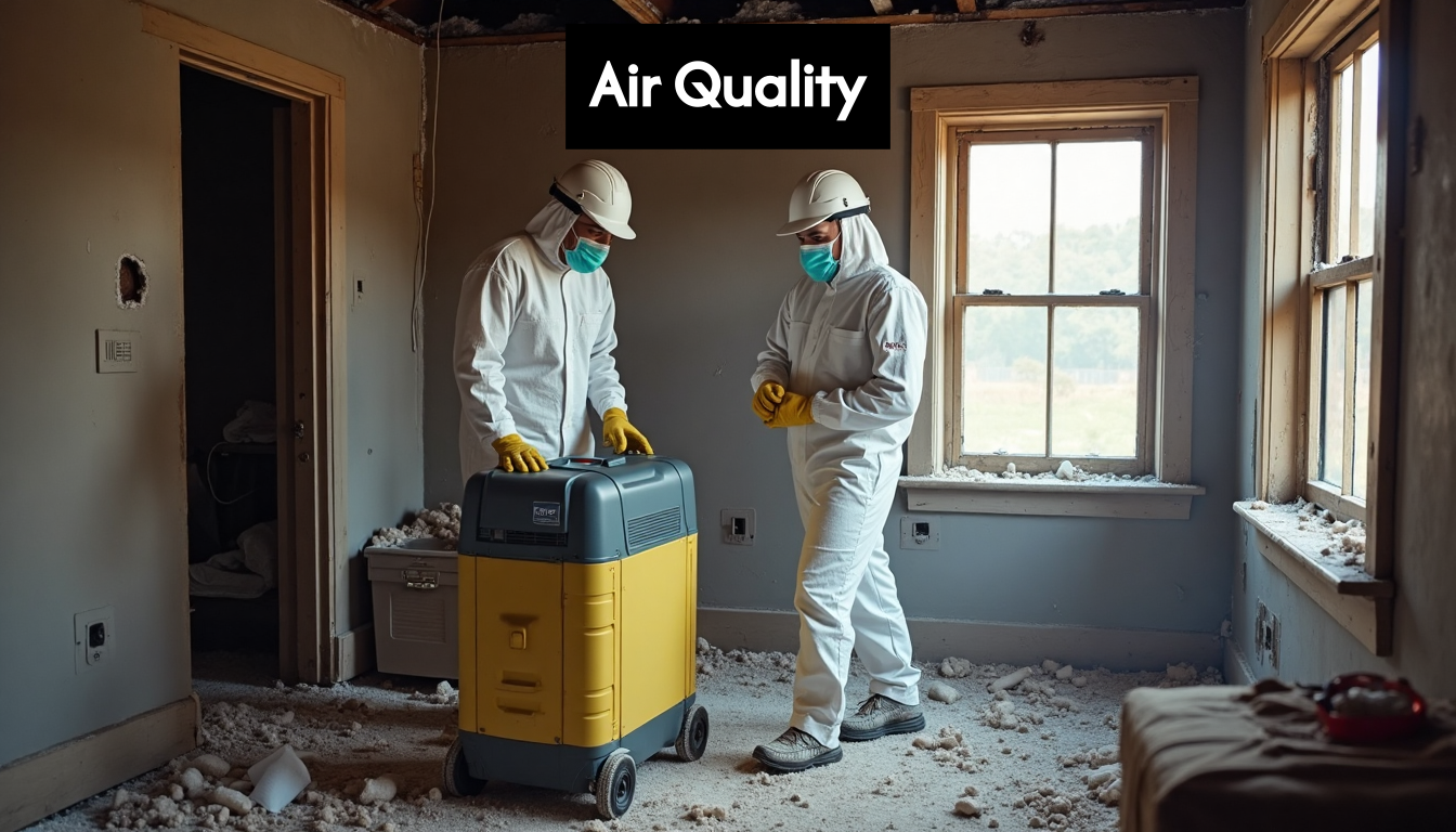 Professionals using air filter in damaged building.