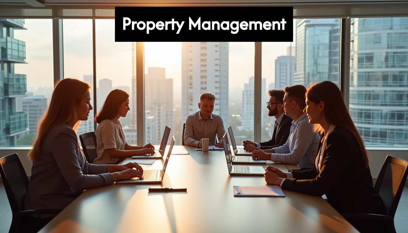 Property management professionals collaborating in office