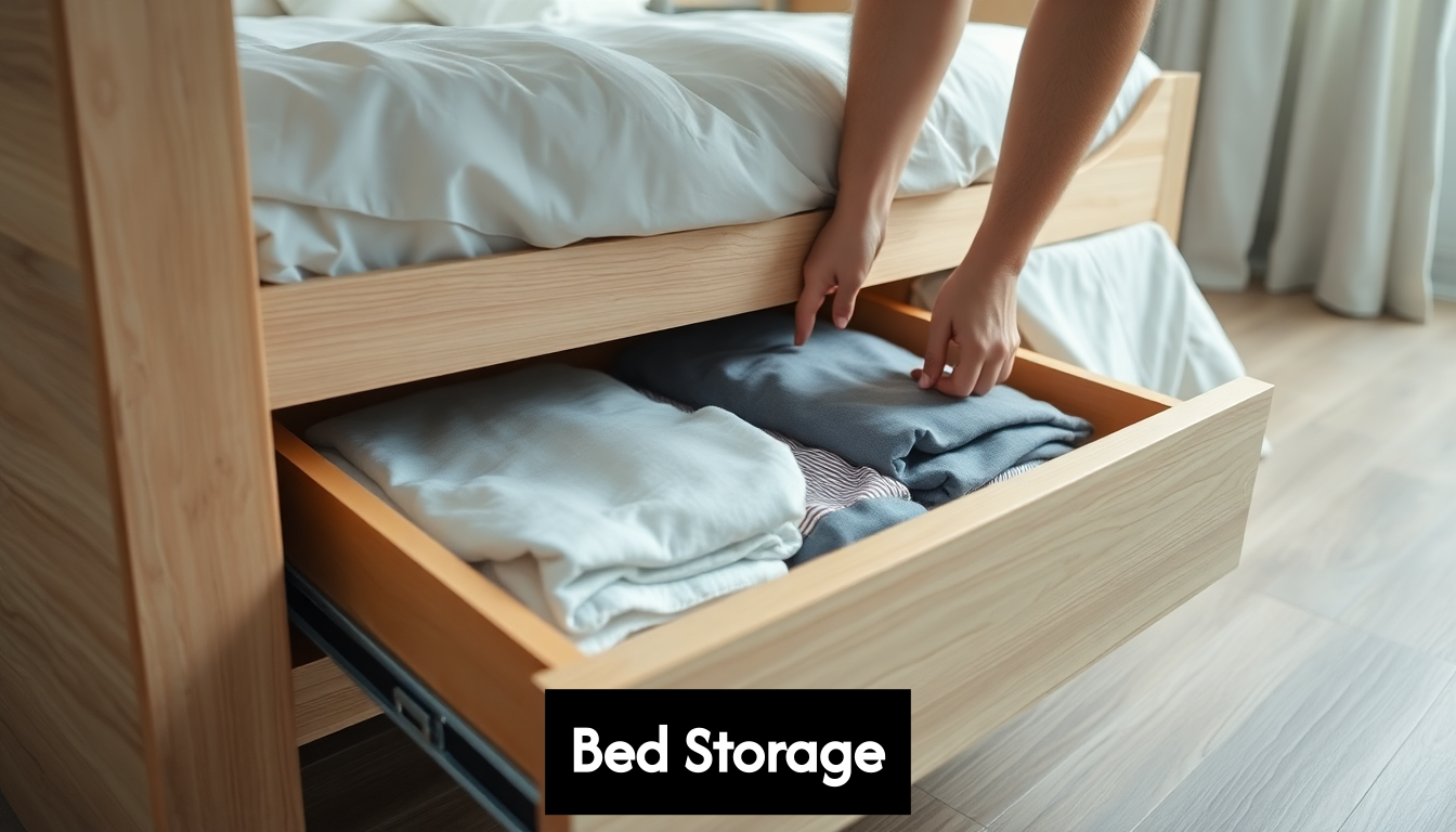 Pulling out under-bed storage drawer with bedding