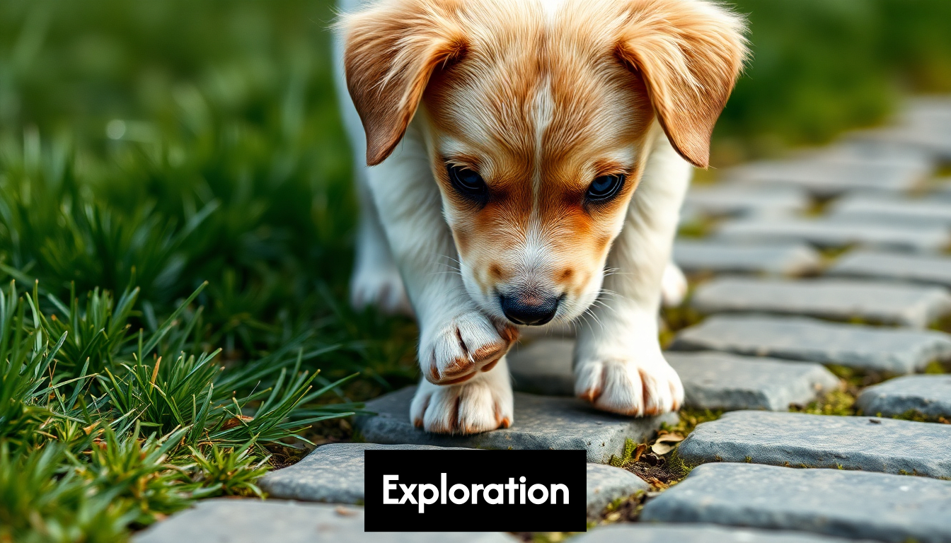 Puppy exploring different ground textures outside.
