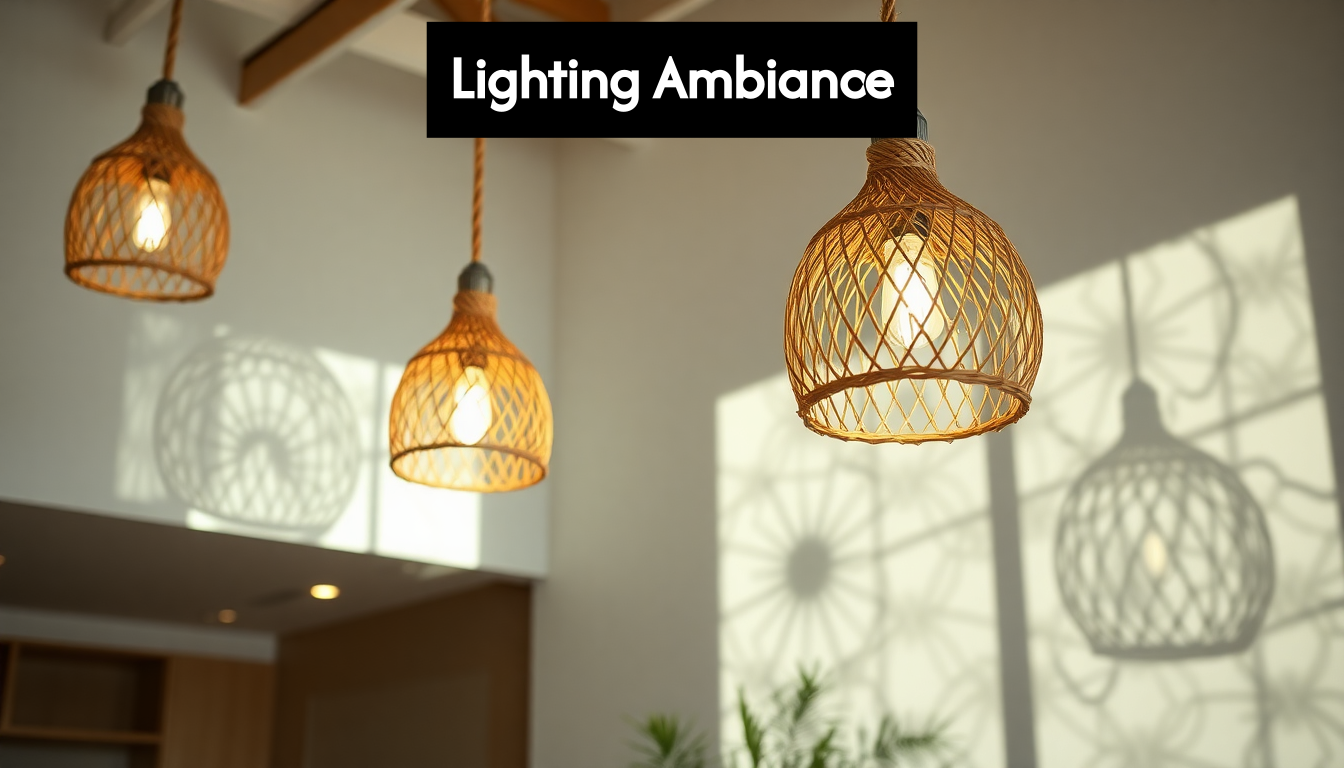 Rattan and rope pendant lamps with intricate shadows