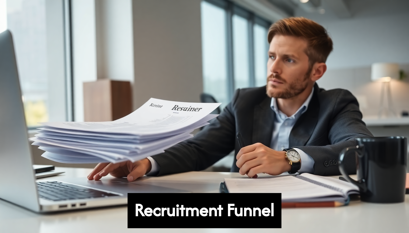 Recruiter reviewing printed resumes at desk