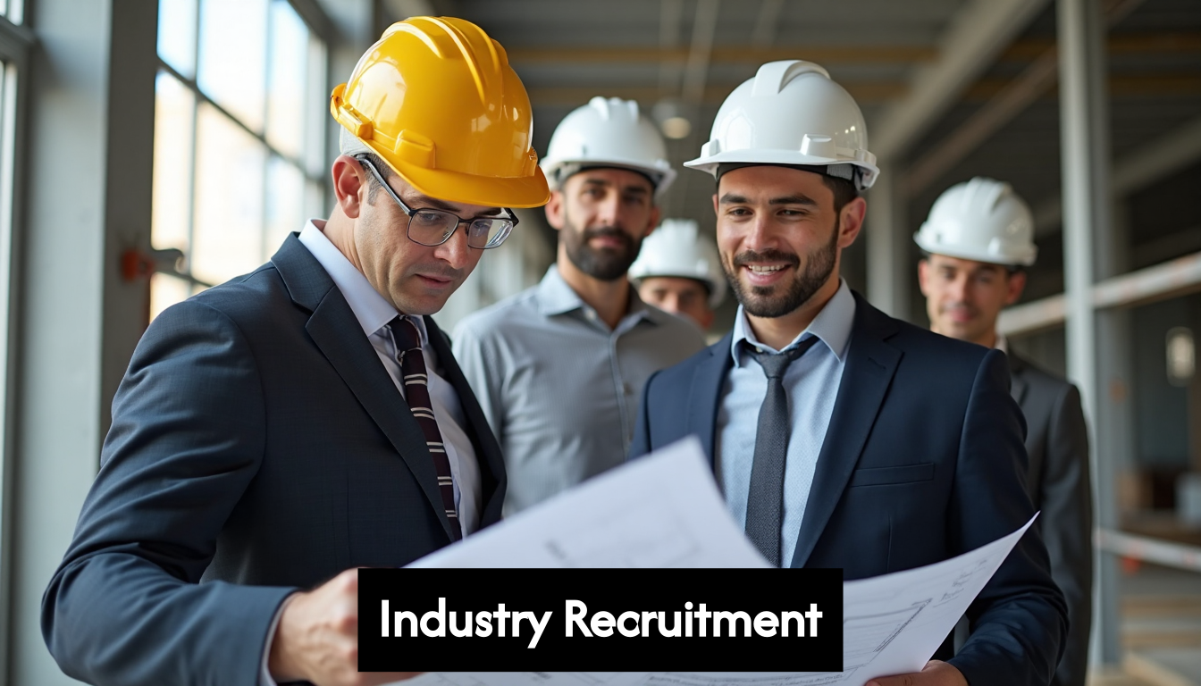 Recruiters and engineers collaborating at construction site