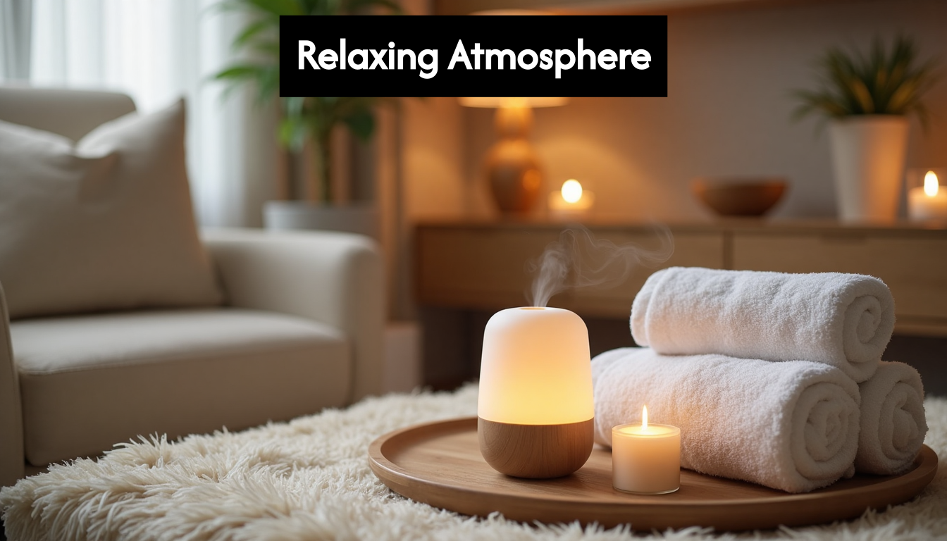 Relaxing spa ambiance with soft lights and diffuser