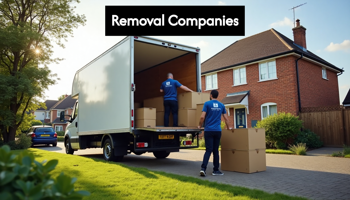 Removal team loading van in UK suburb