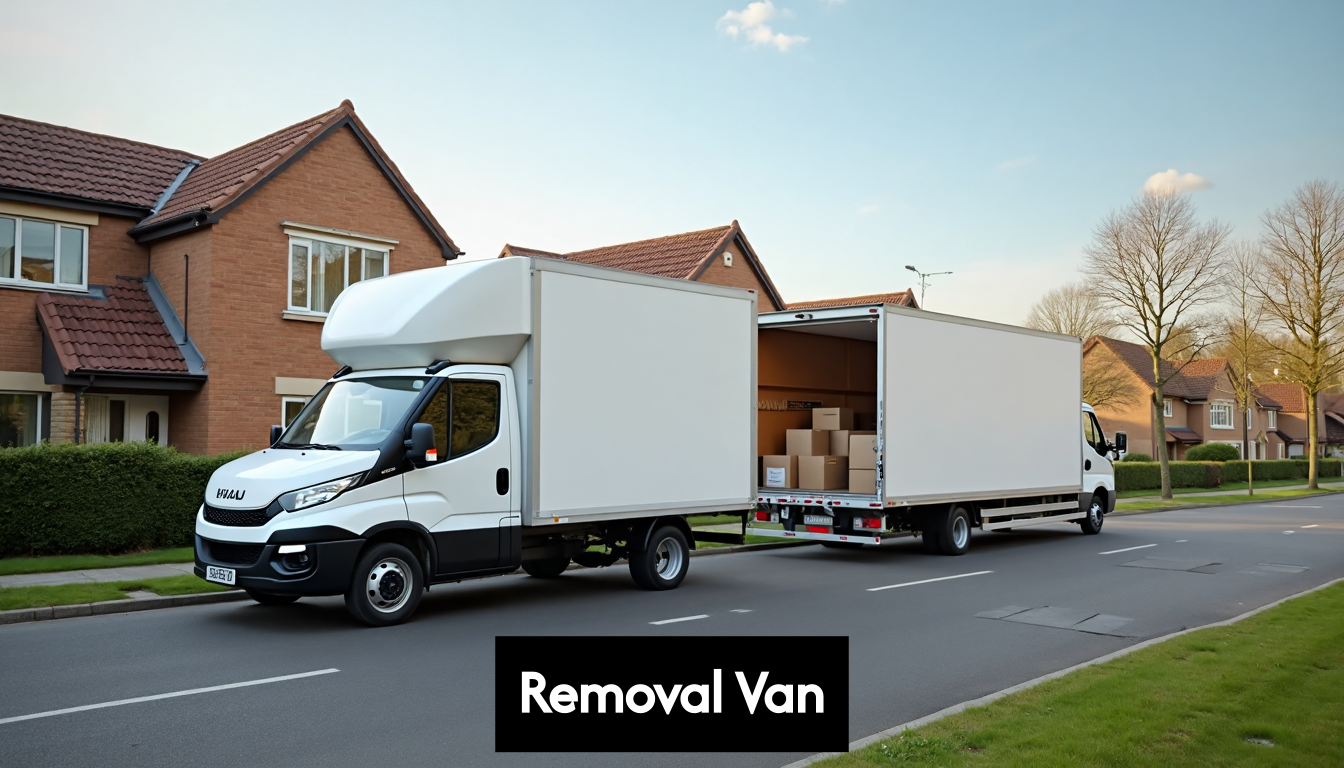 Removal van and lorry parked on suburban street