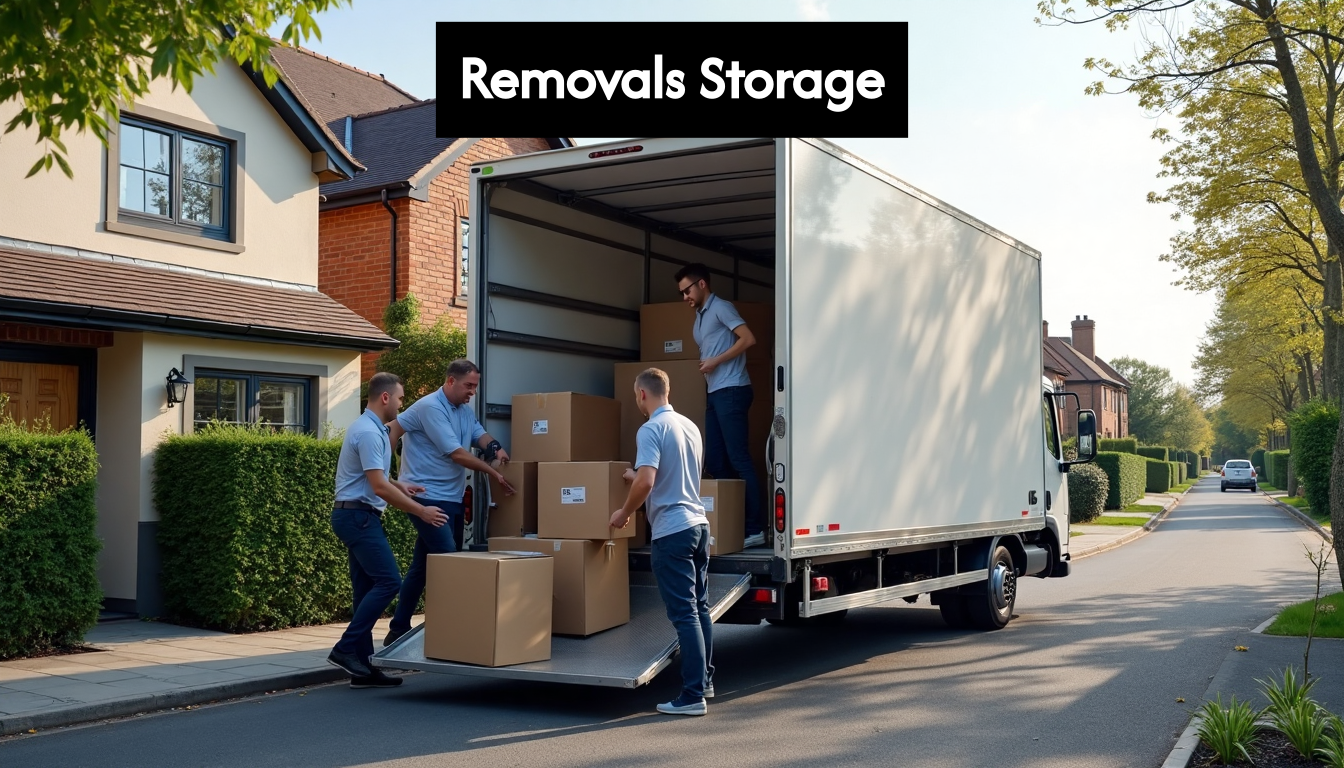 Removals truck and movers outside modern UK home