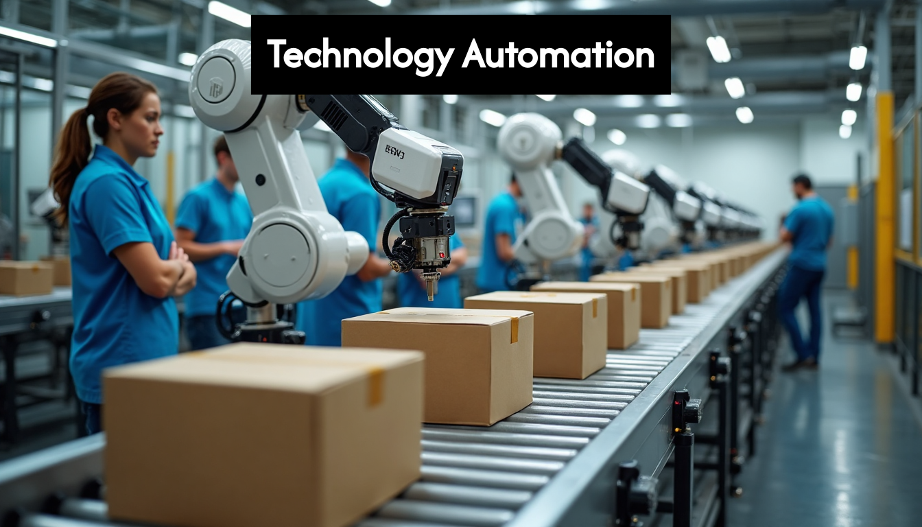Robotic arms moving cartons in modern packaging facility