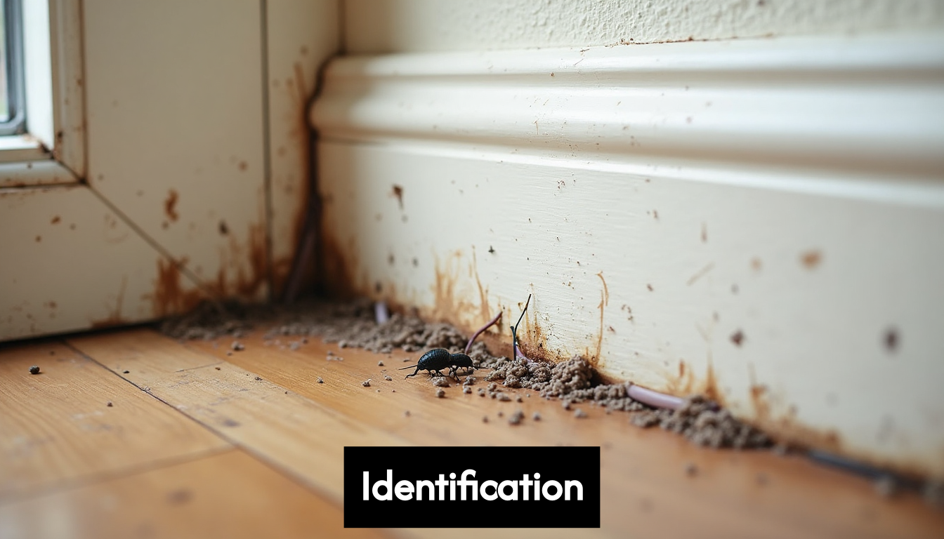 Rodent droppings and chewed wiring near baseboard