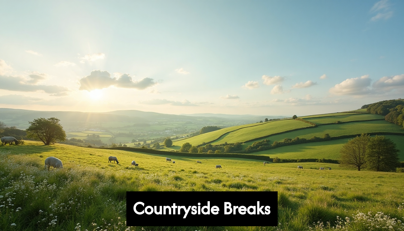 Rolling British countryside with green fields and grazing sheep