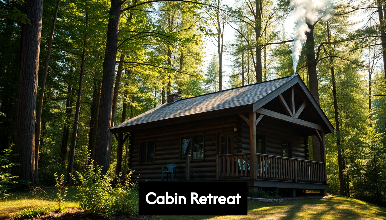 Rustic woodland cabin at sunrise