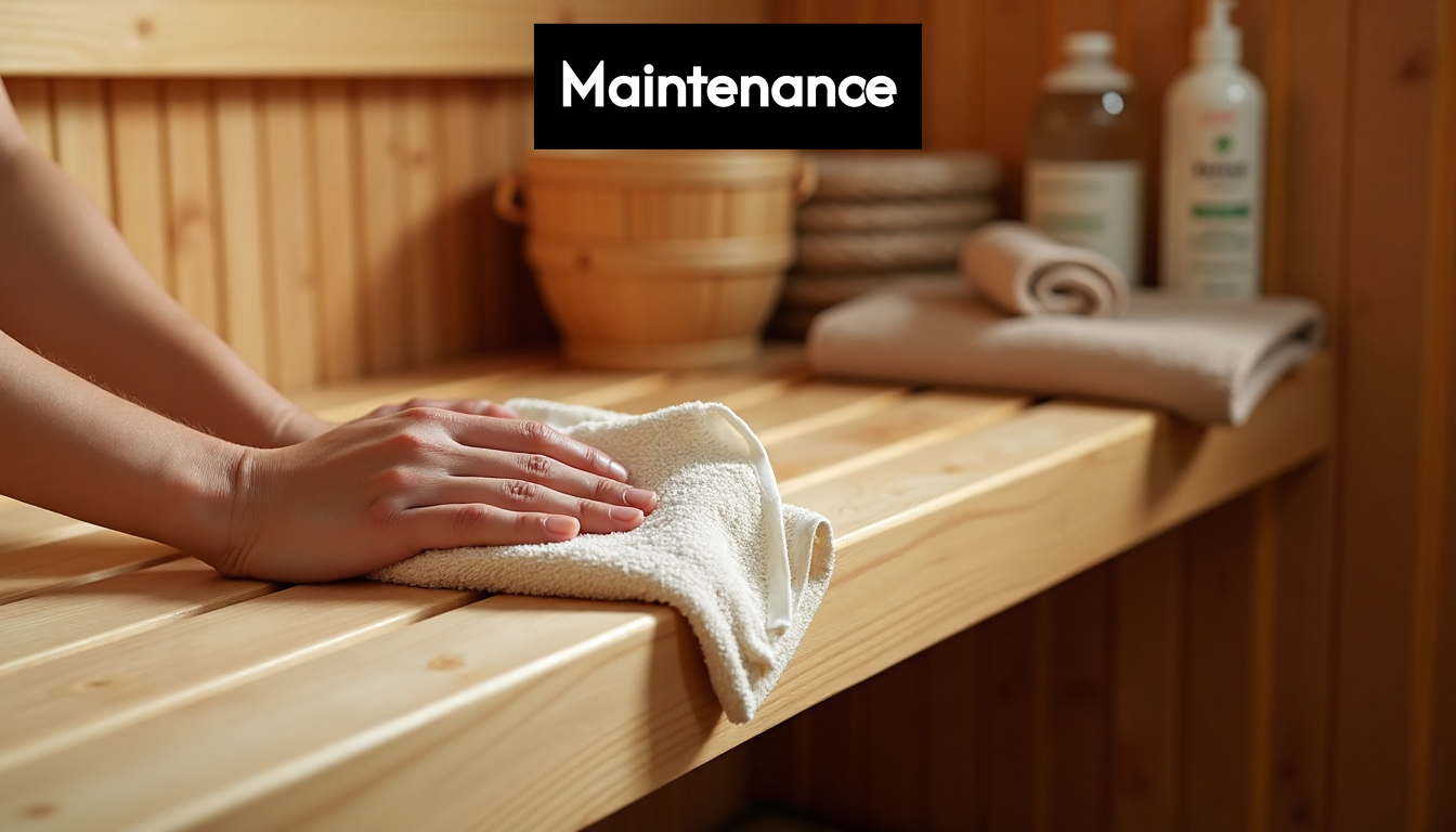 Sauna bench and cleaning supplies in use