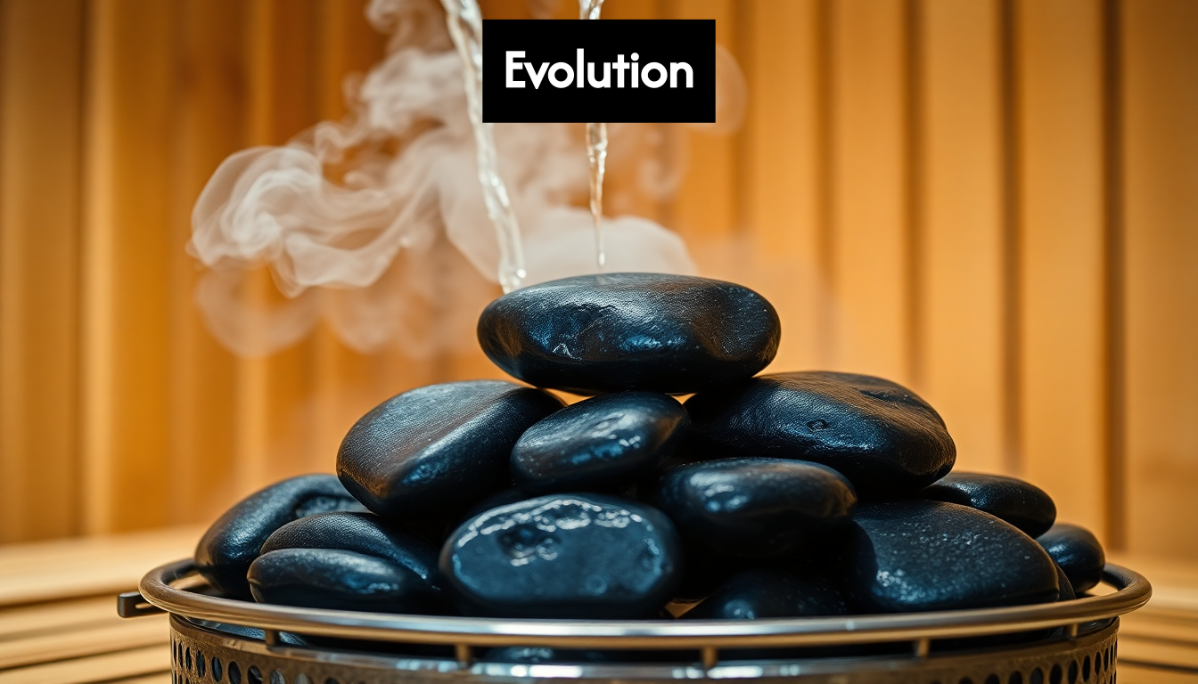 Sauna stones with rising steam in wooden room
