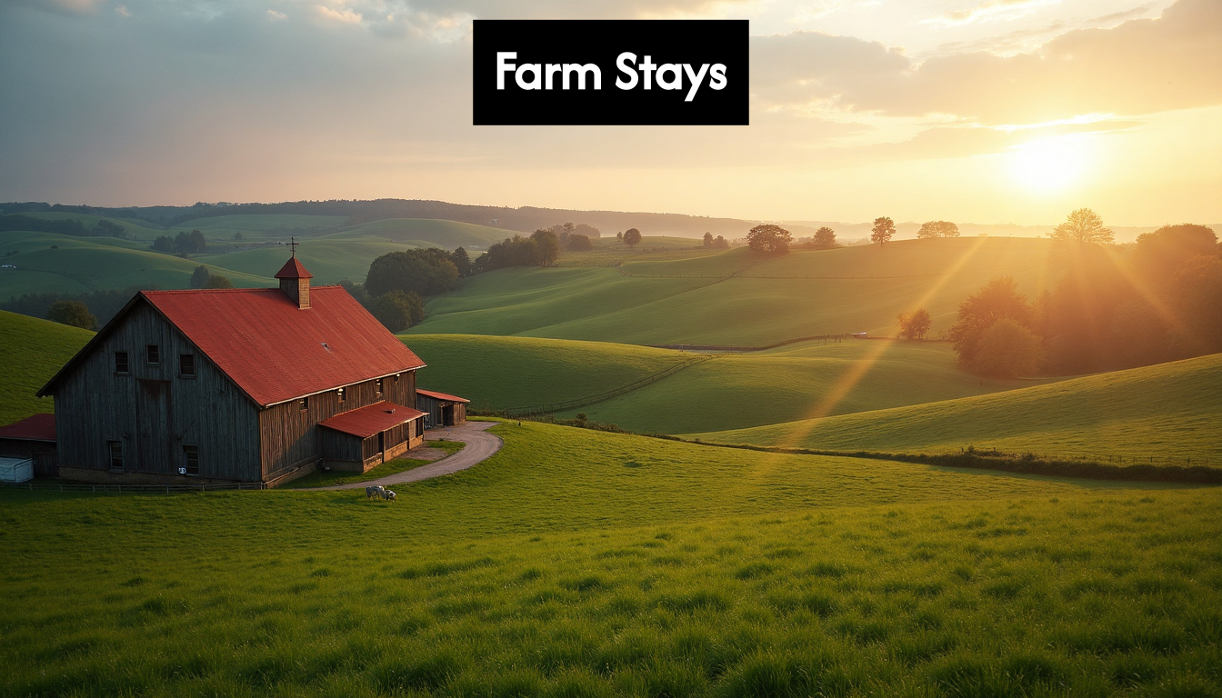Scenic UK farm with rolling hills at sunrise.
