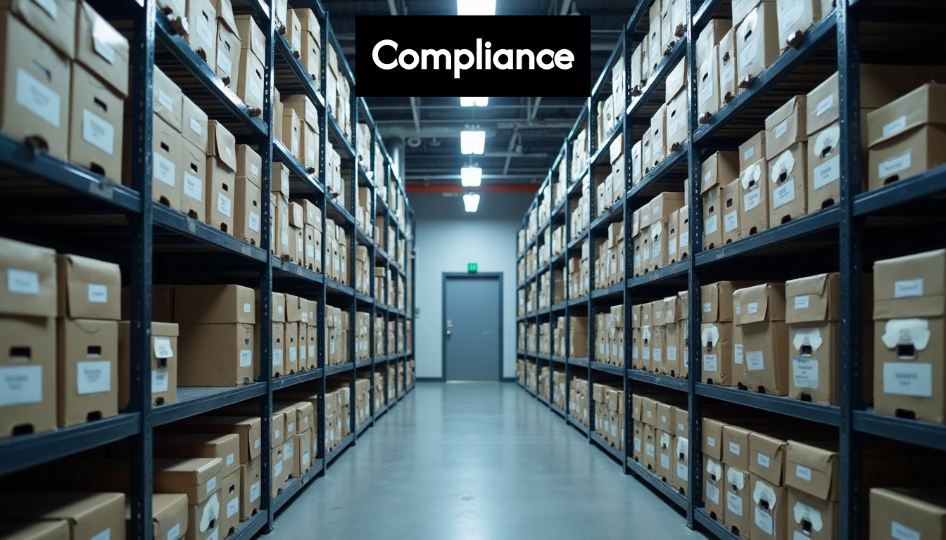 Secure archive room with document boxes and security camera