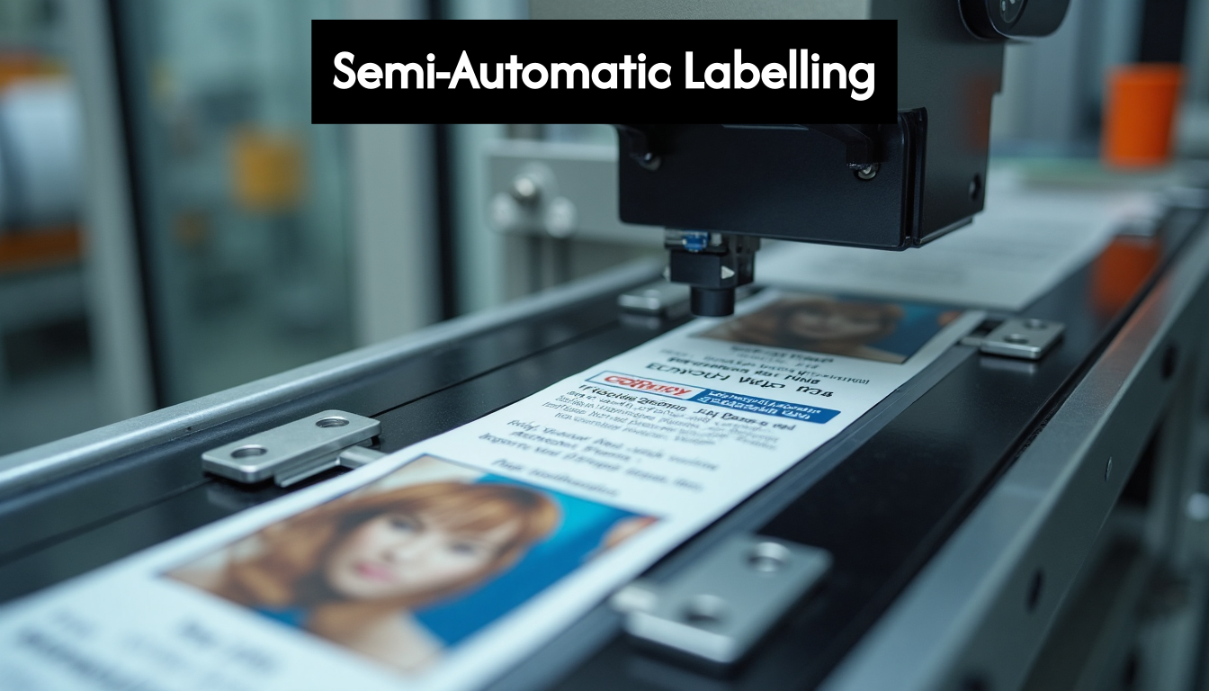 Semi-automatic labelling machine applying labels to products.