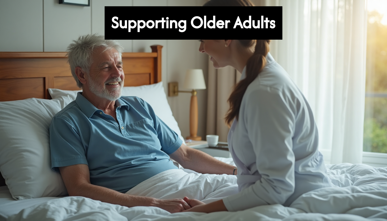 Senior adult receiving support from bed.