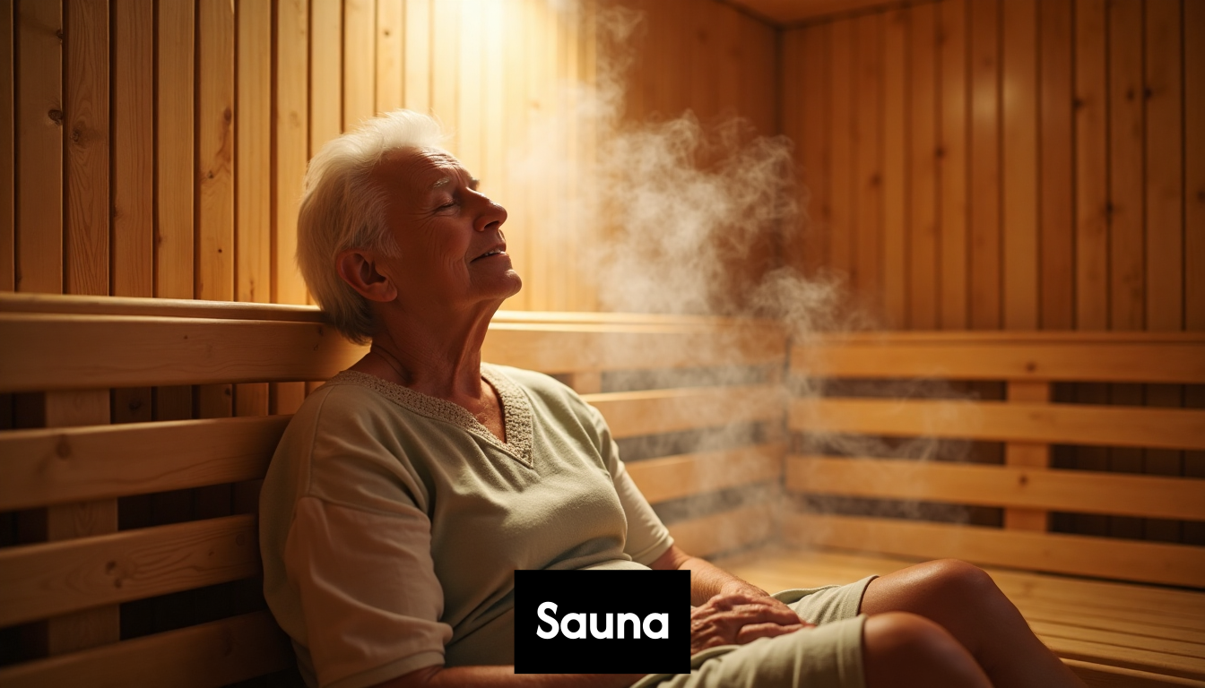 Senior person relaxing peacefully inside a warm sauna room