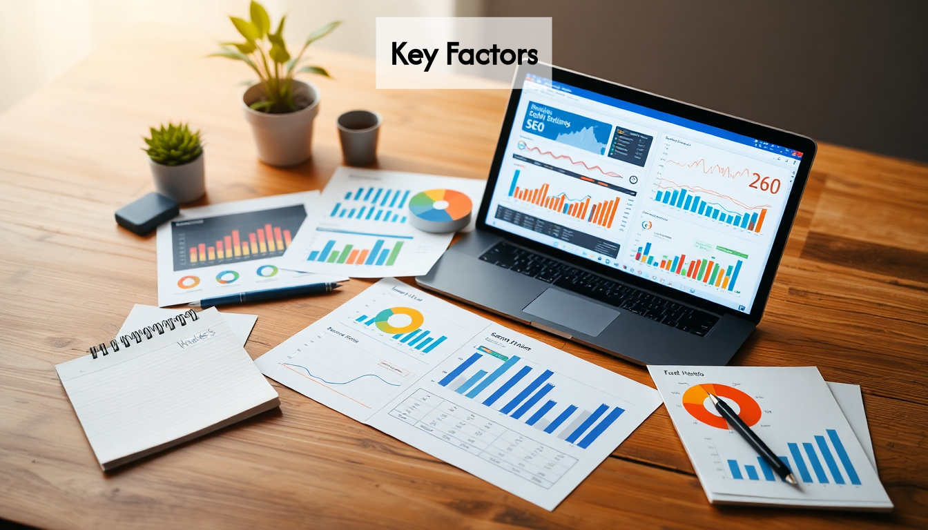 Flat lay of SEO tools and metrics.
