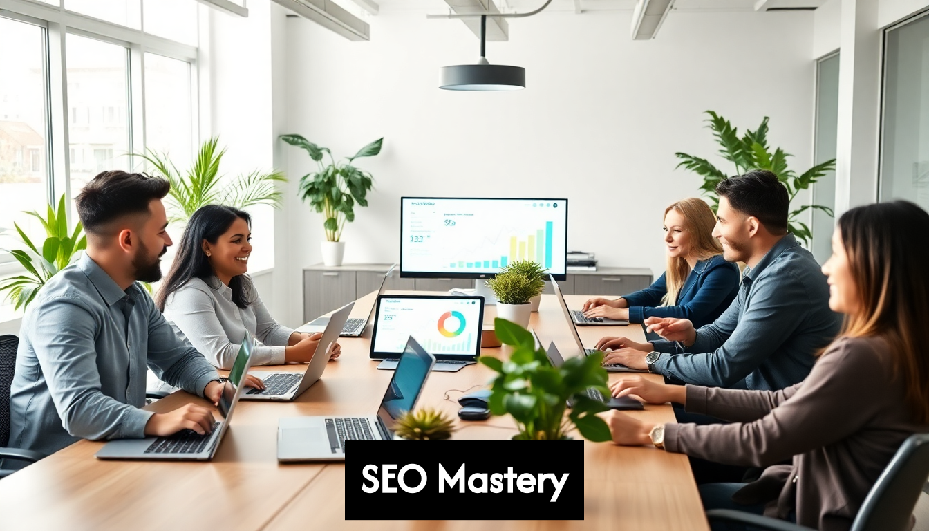 SEO team collaborating in a modern office