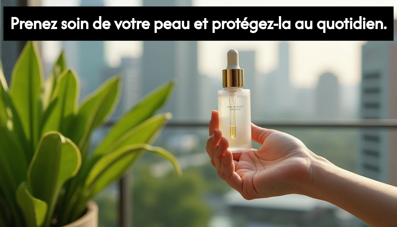 Serum bottle against city and green plants symbolizing pollution defense