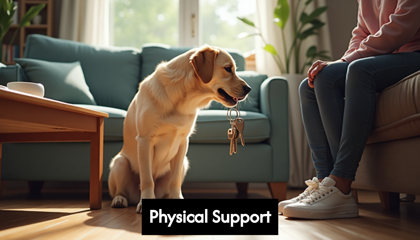 Service dog picking up keys for handler