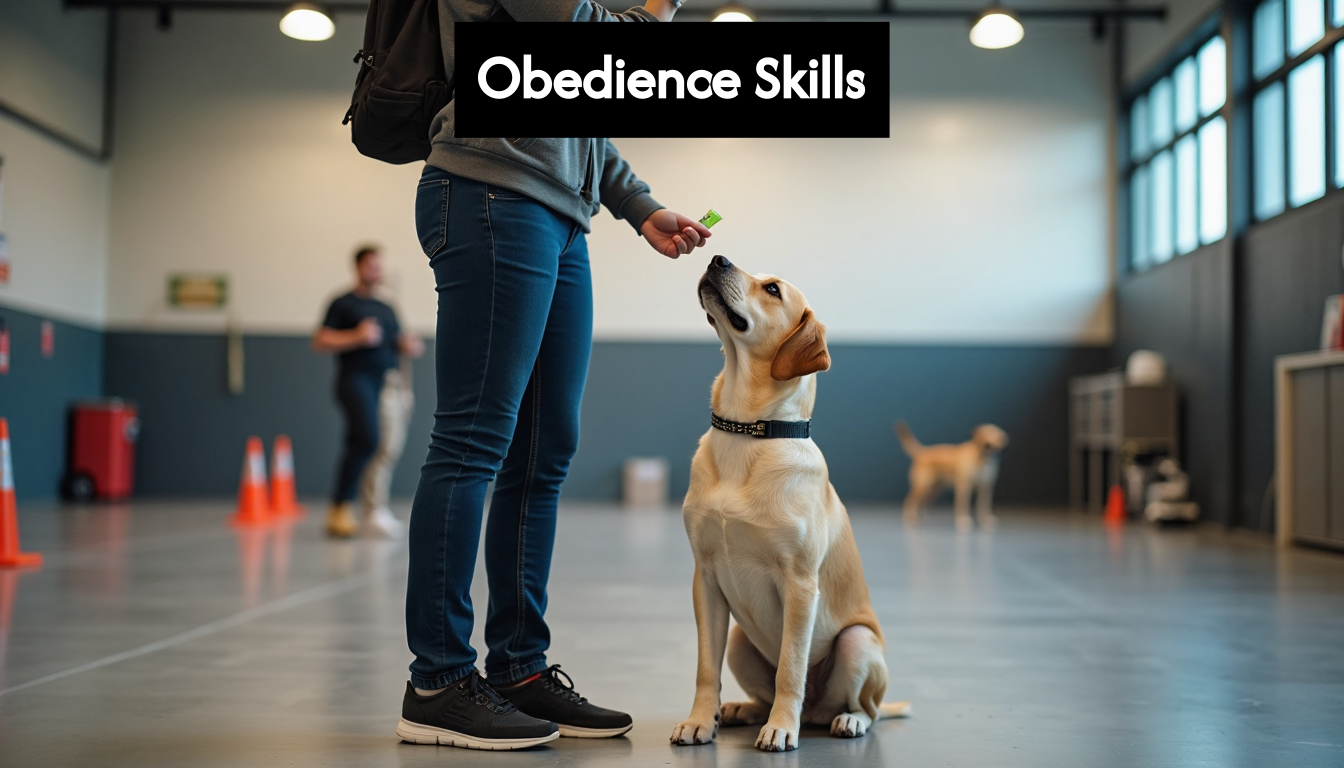 Service dog practicing commands with trainer