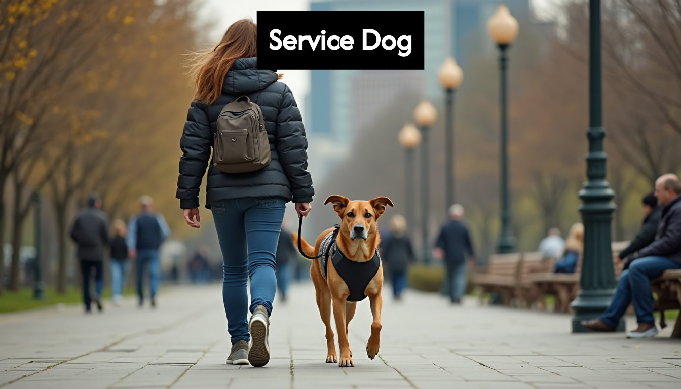 Service dog walking beside handler in city park