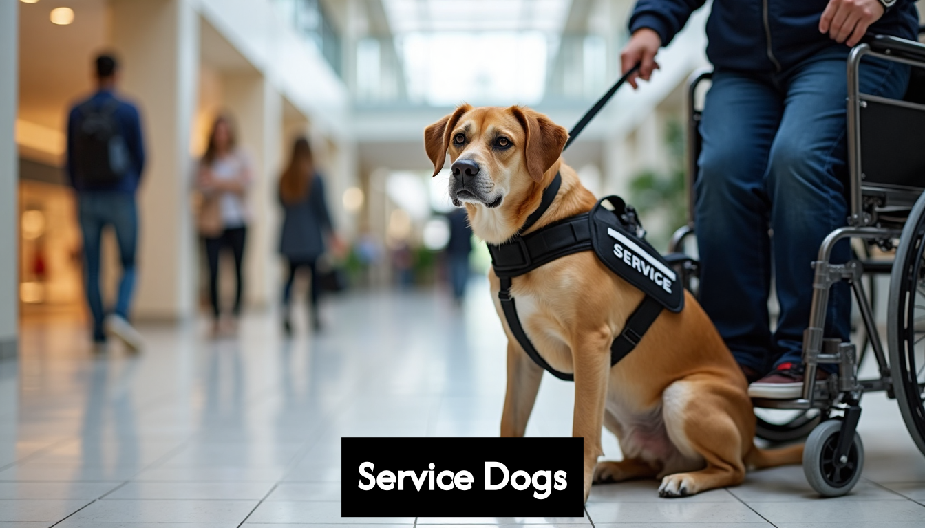 Service dog with handler in public setting