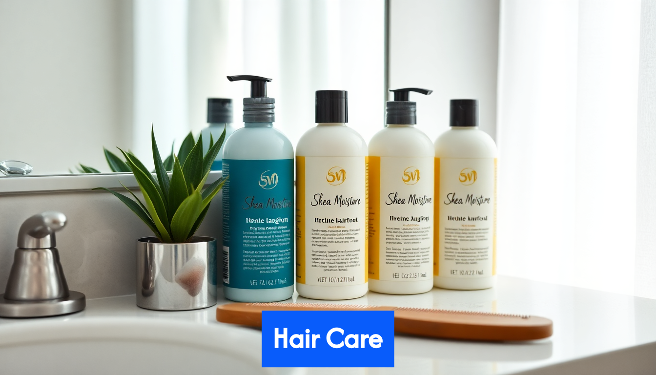 Shea Moisture products arranged on vanity