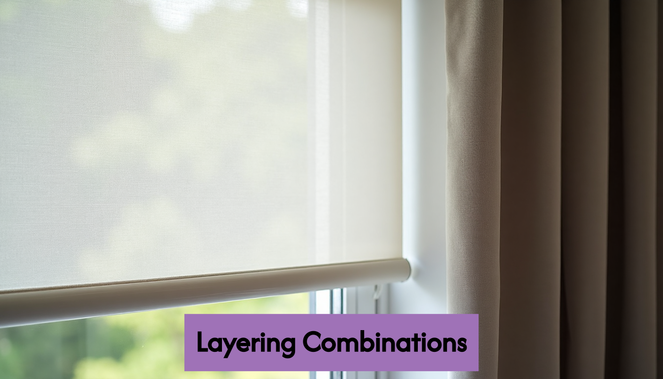 Sheer roller blinds with blackout curtains layered