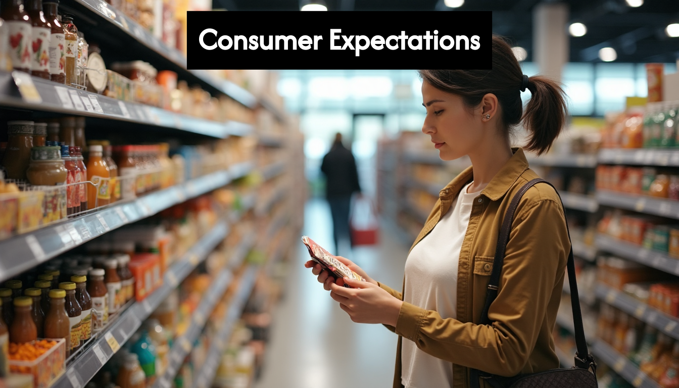 Shopper reading label in supermarket aisle