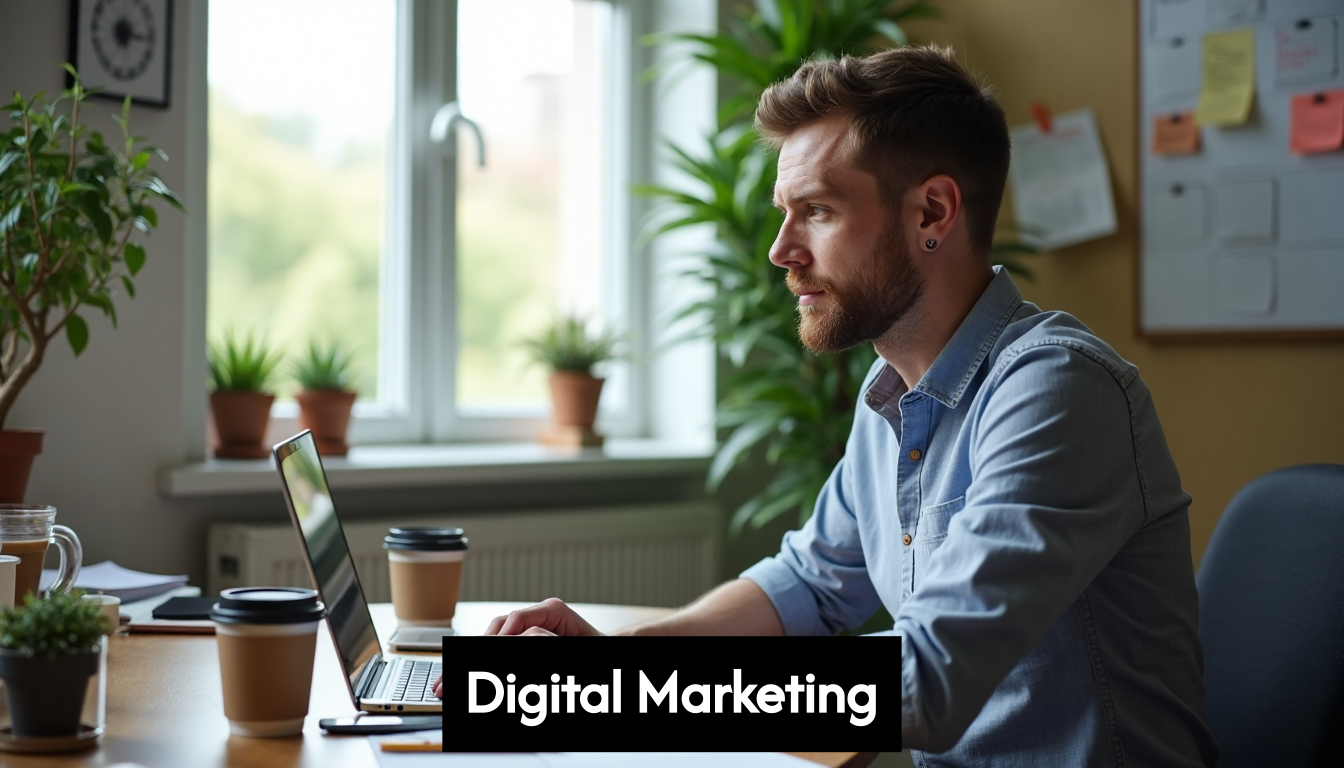 Small business owner working on digital marketing at desk