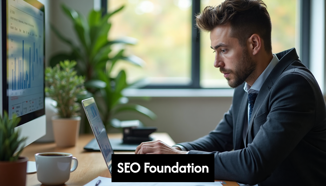 Small business owner working on SEO in office