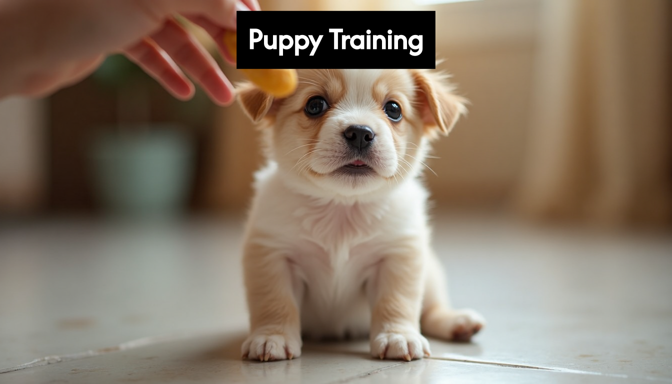 Small puppy looking up at owner.