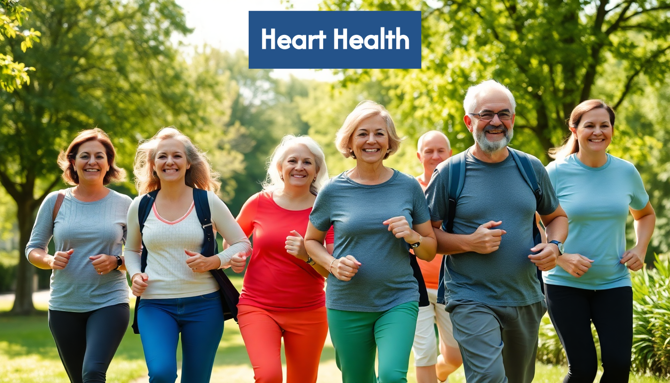Smiling group exercising outdoors for heart health