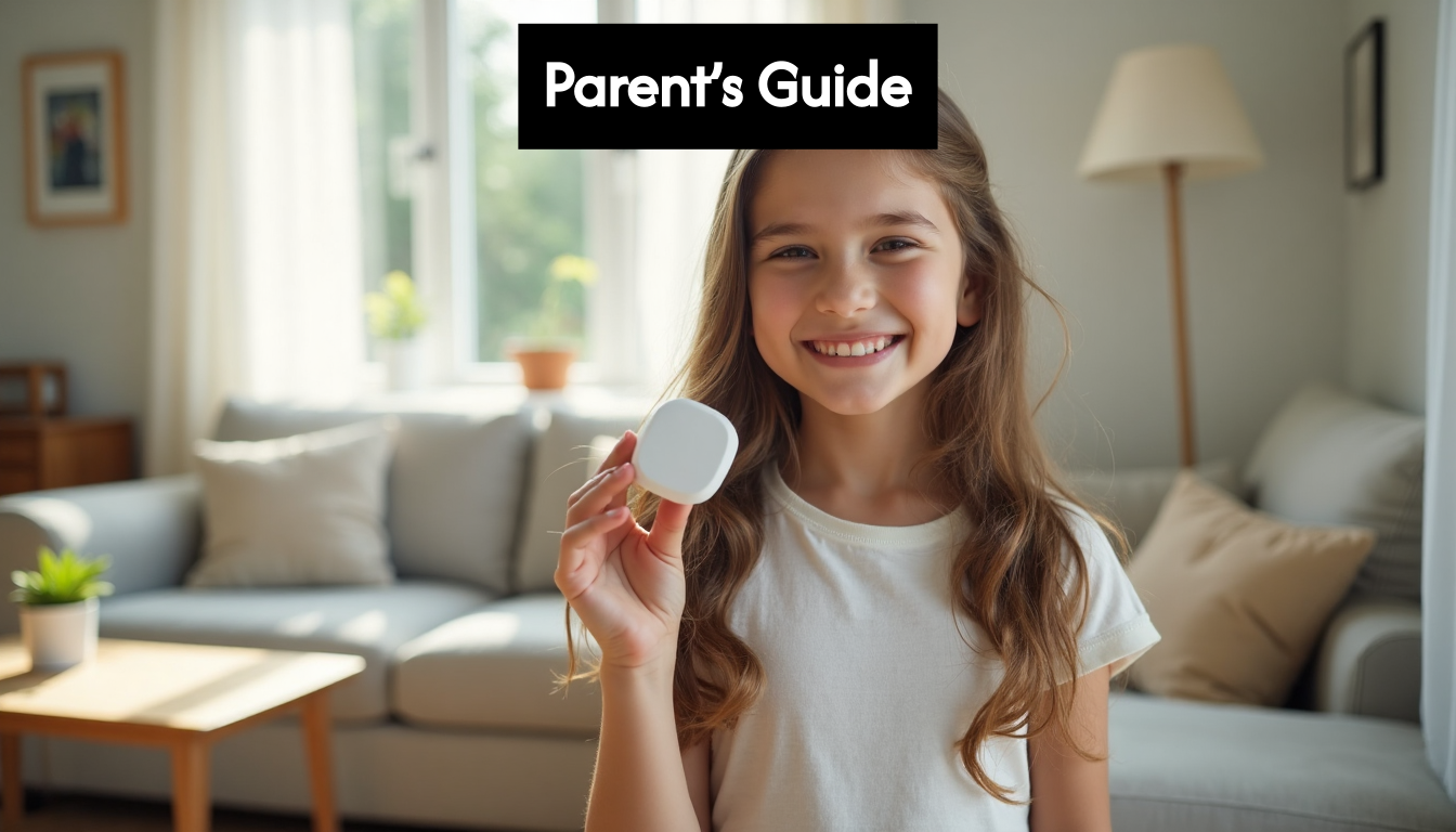 Smiling pre-teen girl holding contact lens case