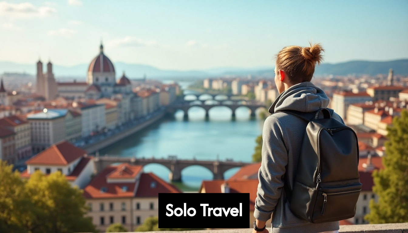 Solo traveler overlooking city at sunrise