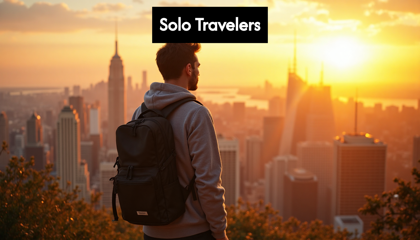 Solo traveler overlooks city at sunrise