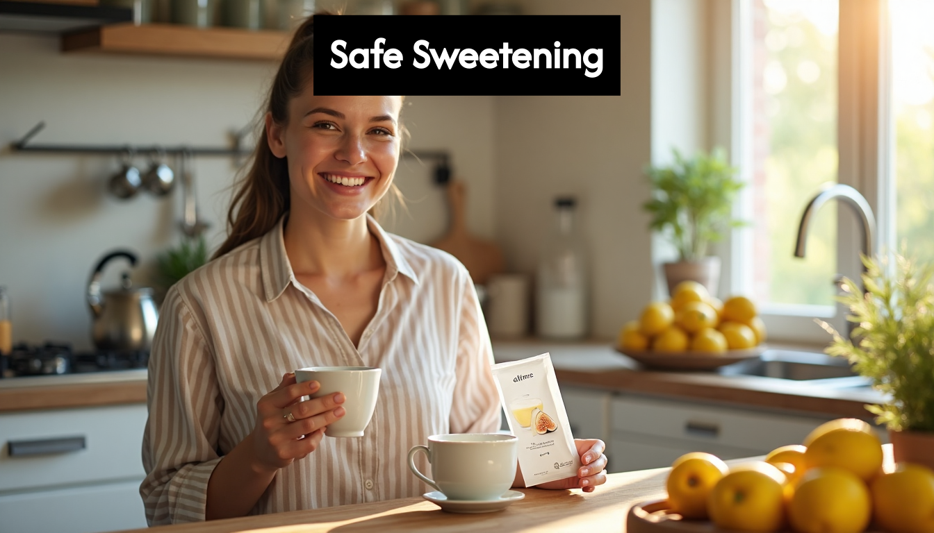 South African woman with tea and allulose in kitchen