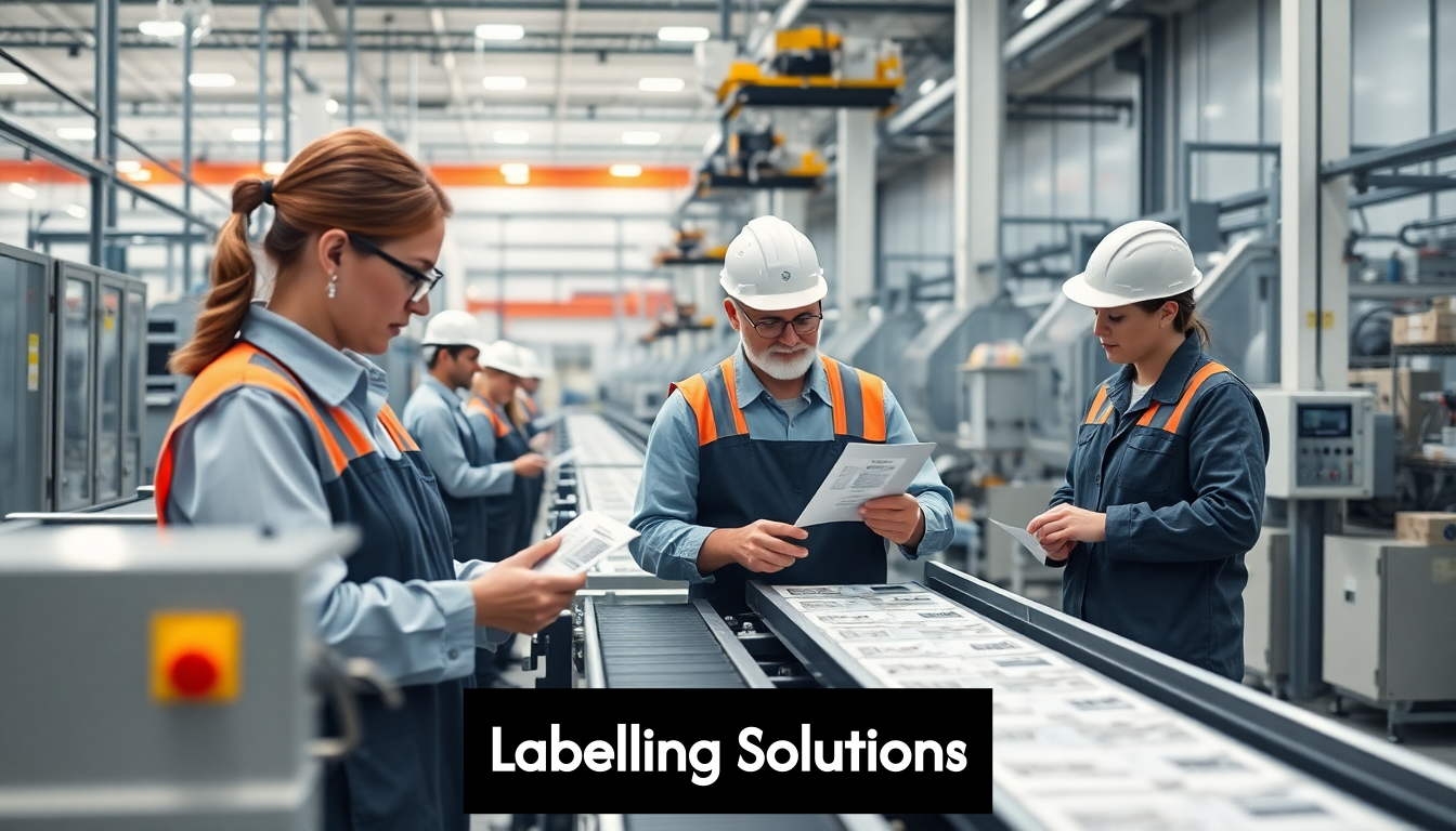 Staff inspecting labels on production line