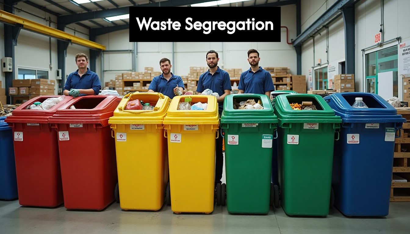 Staff using color-coded bins for waste segregation