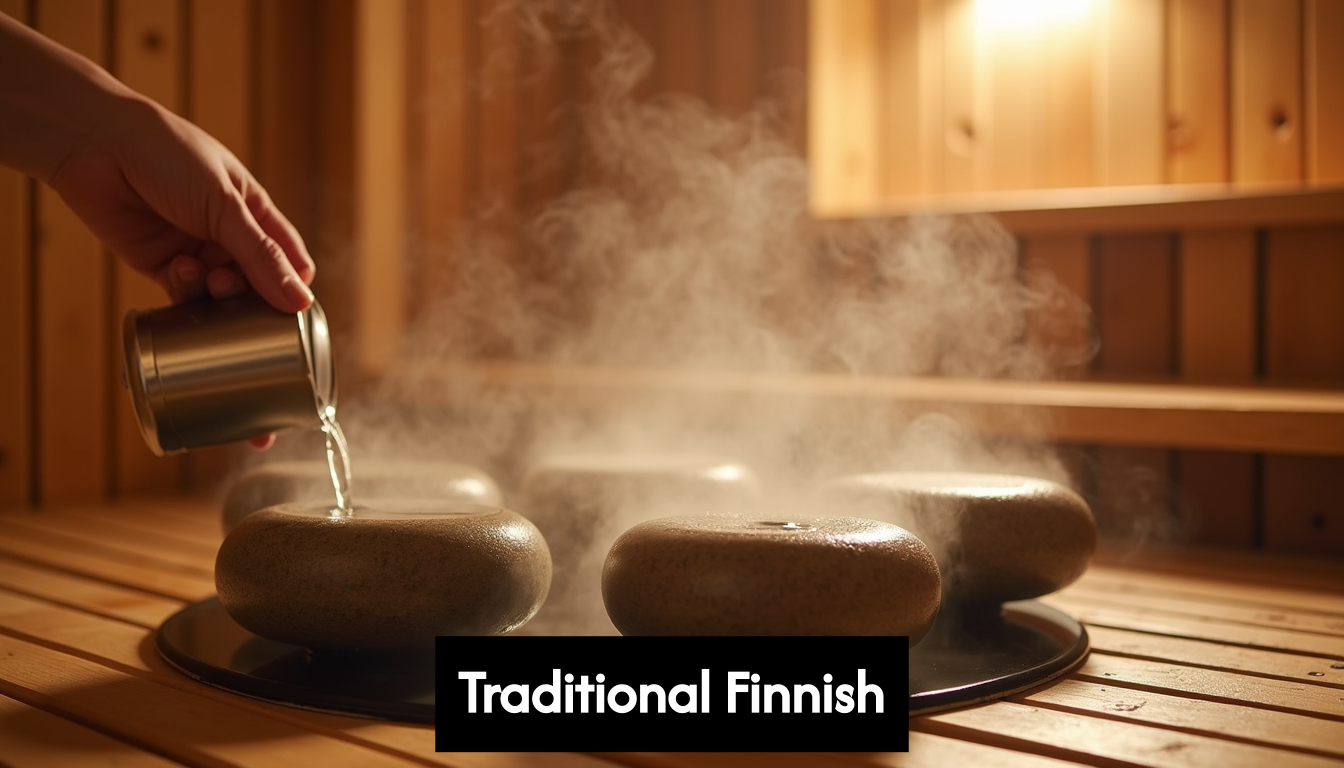 Steam rising from hot stones in a Finnish sauna.